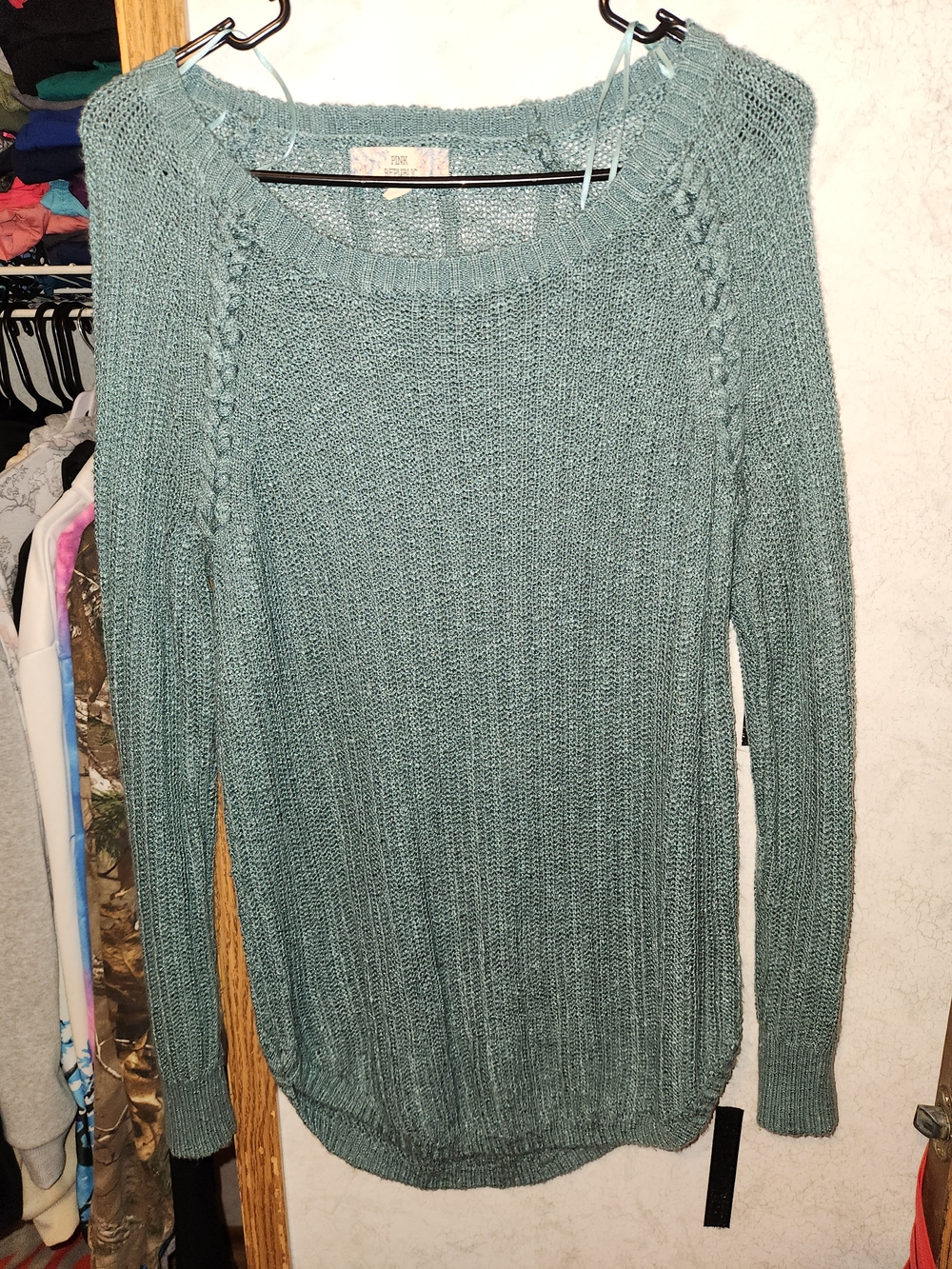 Pink Republic Teal Crewneck Sweater with Cable Trim